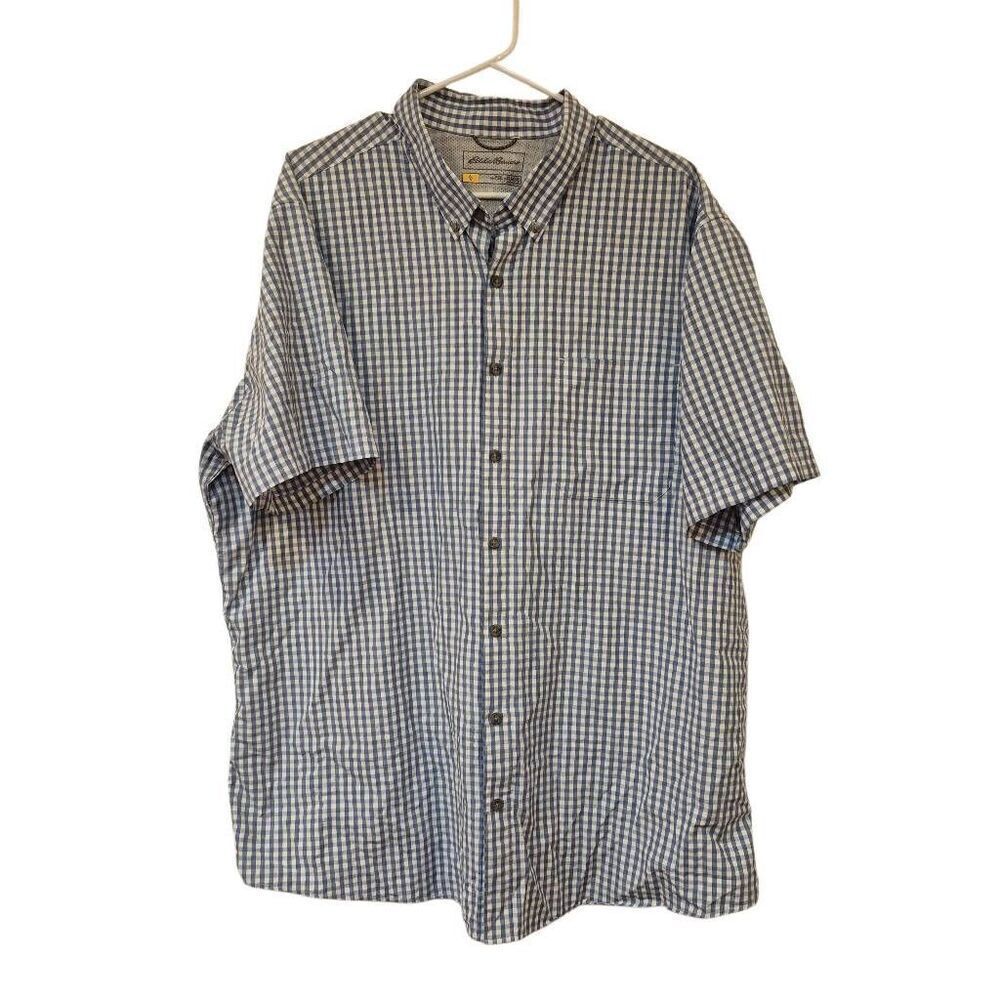 Eddie Bauer Men's Dusty Blue & White Mini Gingham Check Button Down Short Sleeve